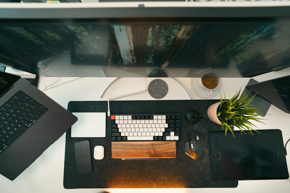 A clean workspace with dual monitors