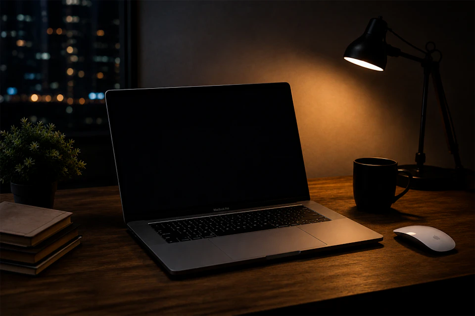 A desk with a laptop and lamp at night, city lights behind